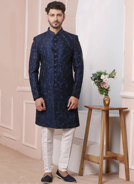 Blue New Ethnic Wear Mens Banarasi Silk Sherwani Collection 1660